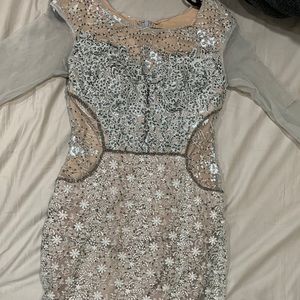 Long silver and nude dress. Long sleeve.